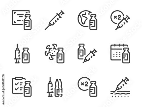 Vaccine and Injection vector line icons. Vaccination and Medicine outline icon set. Antibiotic, Ampoule, Antiviral Drug, Dosage, Syringe, Medicine Bottle, Medication Schedule and more.