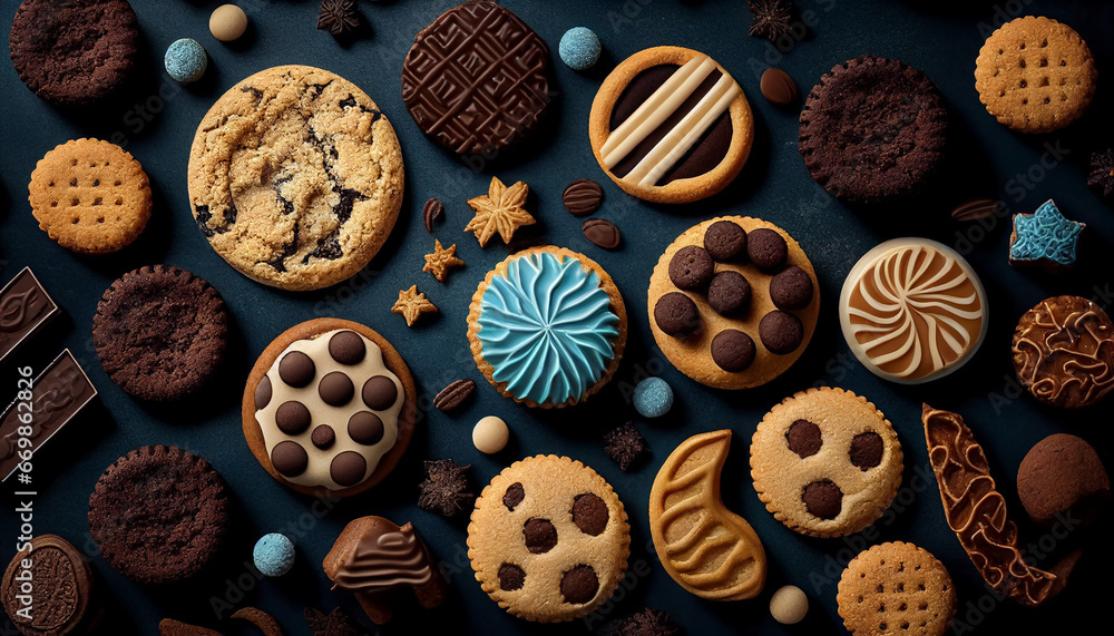 Delicious cookies in a flat layout on a dark background Delicious cookies in a flat layout on a dark background