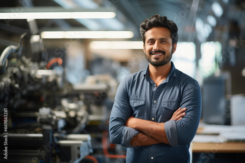 Confident and successful mechanical engineer standing at factory photo