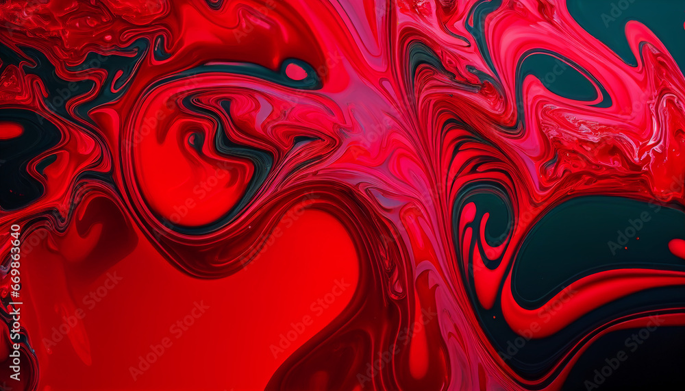 Background of liquid red marbling paint texture