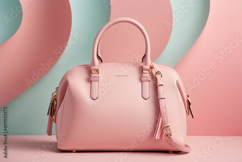 Pastel colored women hand bag on pink background. Woman Fashion Concept