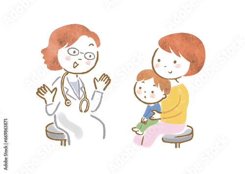 小児科で女医さんの診察を受けている親子のイラスト
