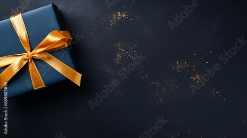 Dark blue gift box with gold ribbon on dark background. Festive concept for birthday, holiday or Christmas present with copy space.