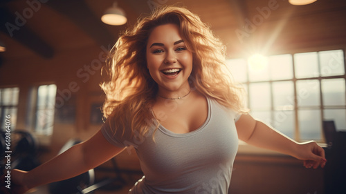 Fat woman happily exercising in the fitness center