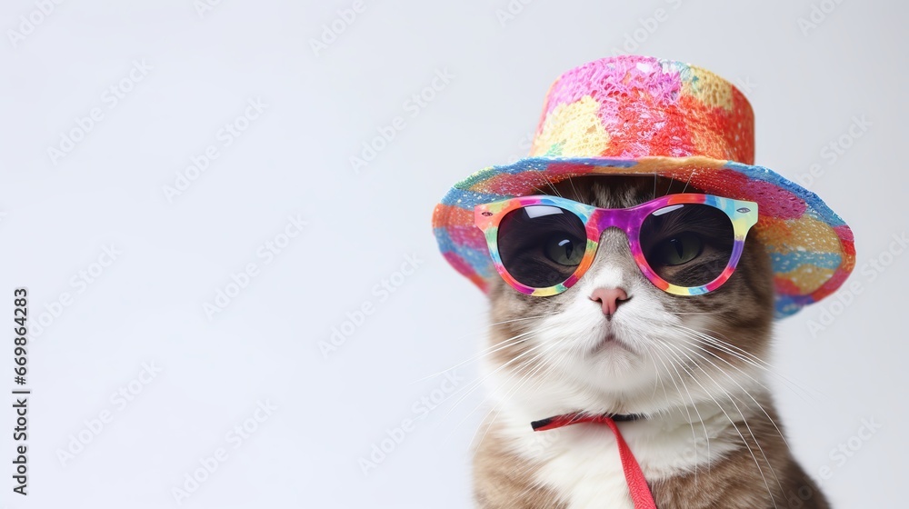 Party cat with summer hat and sunglasses on white background