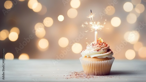 Delicious cupcake with sparkler on festive table with blurred lights background with copy space for text