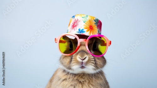 Cute and festive bunny in hats and sunglasses celebrating summer on white background