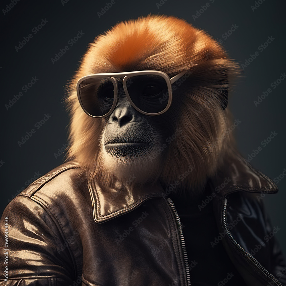 Image of stylish cool gibbon wearing sunglasses as fashion and wore a leather jacket. Modern fashion, Wildlife Animals.
