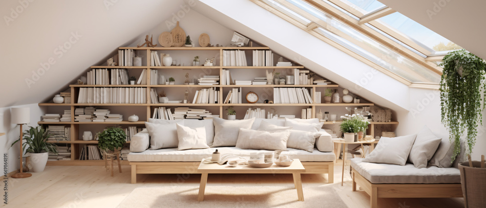 Obraz premium Bright Attic Living Room with Reading Nook
