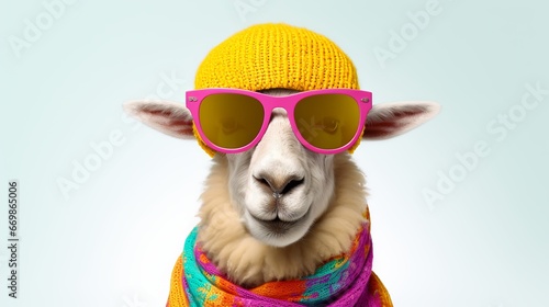 Sheep in summer party mood: funny portrait of a woolly animal with colorful hat and sunglasses on white background © Ameer