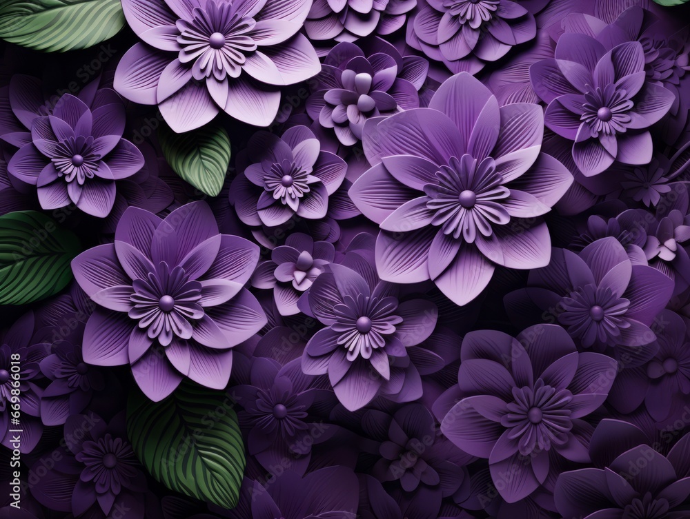 floral background with violet flowers and green leaves.