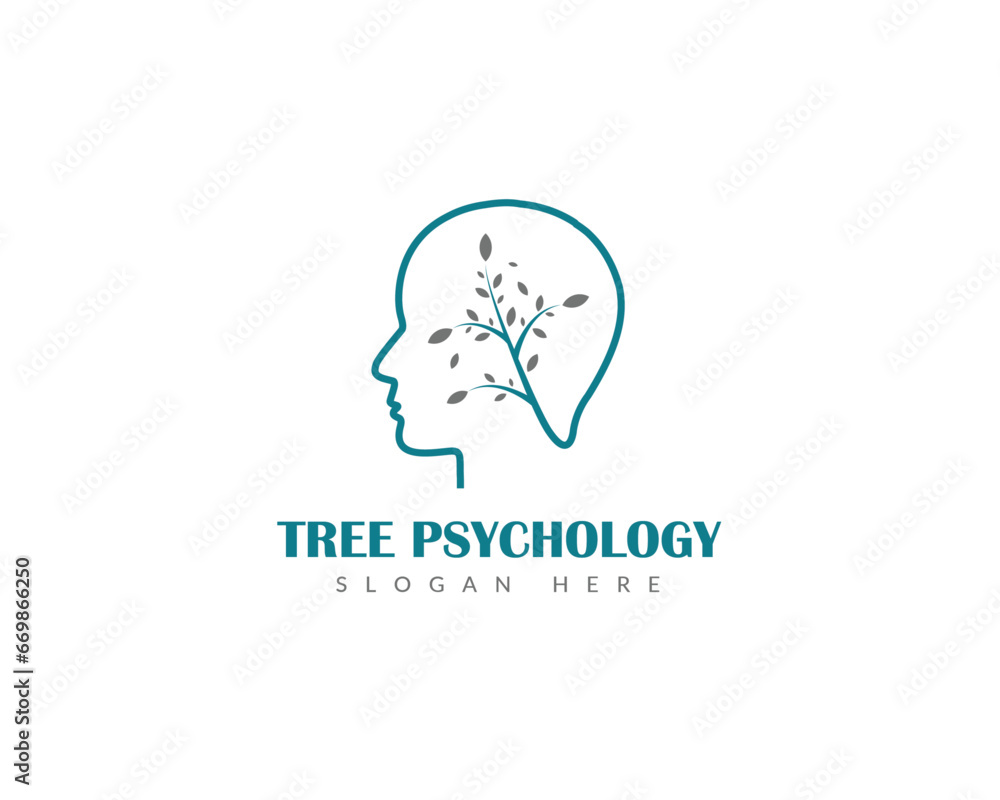 Human head with tree and leaf logo design template. Creative brain tree logo design.