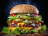 Delicious hamburger with cheese, lettuce and onion on black background