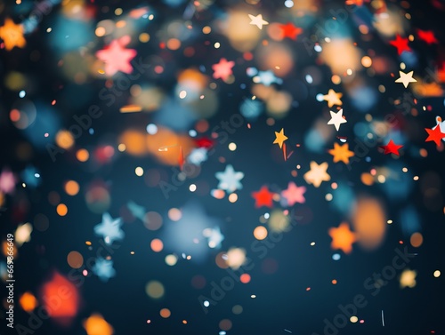 Colorful confetti stars on a blue background, shallow dof