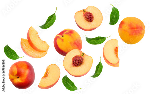 flying peach fruits with green leaf and slices isolated on white background. clipping path