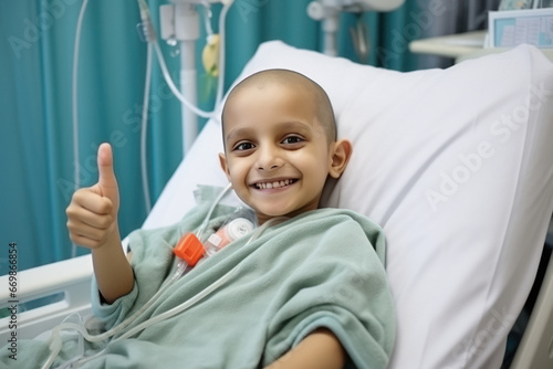 Little girl child cancer patient showing thumps up