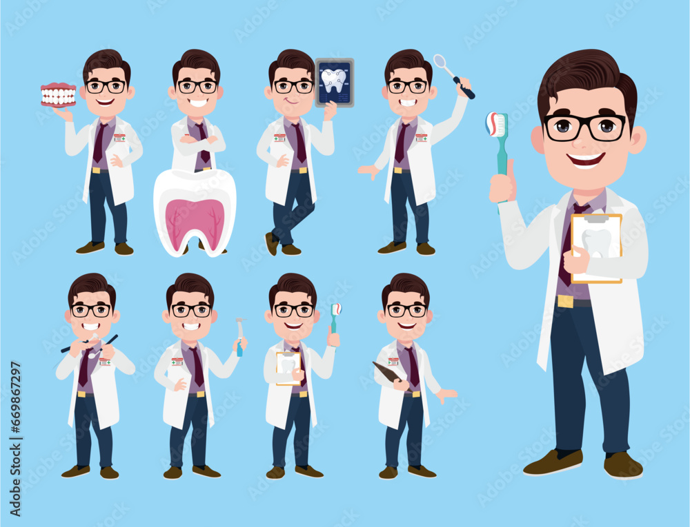 Dentist character and dental care concept Dentist character and dental care concept