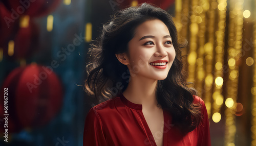 Chinese woman in red, New Year's concept