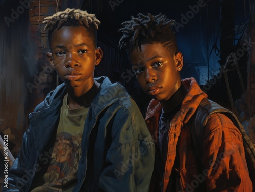 Portrait of two african american boys at night on street