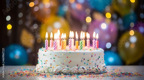 Colorful birthday cake with rainbow candles and balloons on a sparkling background