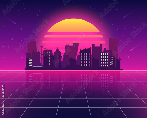 Vector Illustration of a Vintage Sunset Cityscape Landscape. Retro Futuristic 80s Neon Sunset Landscape Style