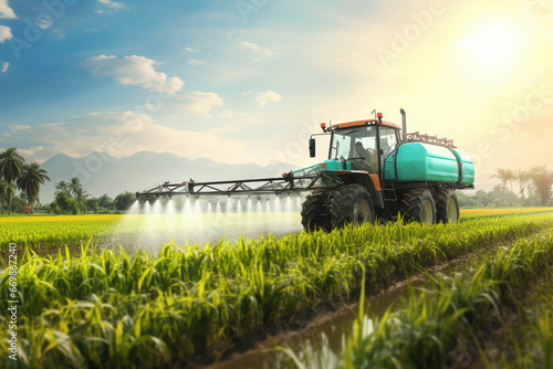 Tractor spraying pesticides fertilizer on crops farm field