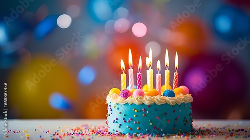 Colorful balloons and birthday cake with candles: celebrating a joyful occasion with copy space for text