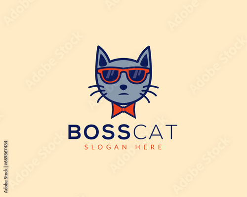 cat with sunglasses logo vector icon illustration design template, pets logo template. 