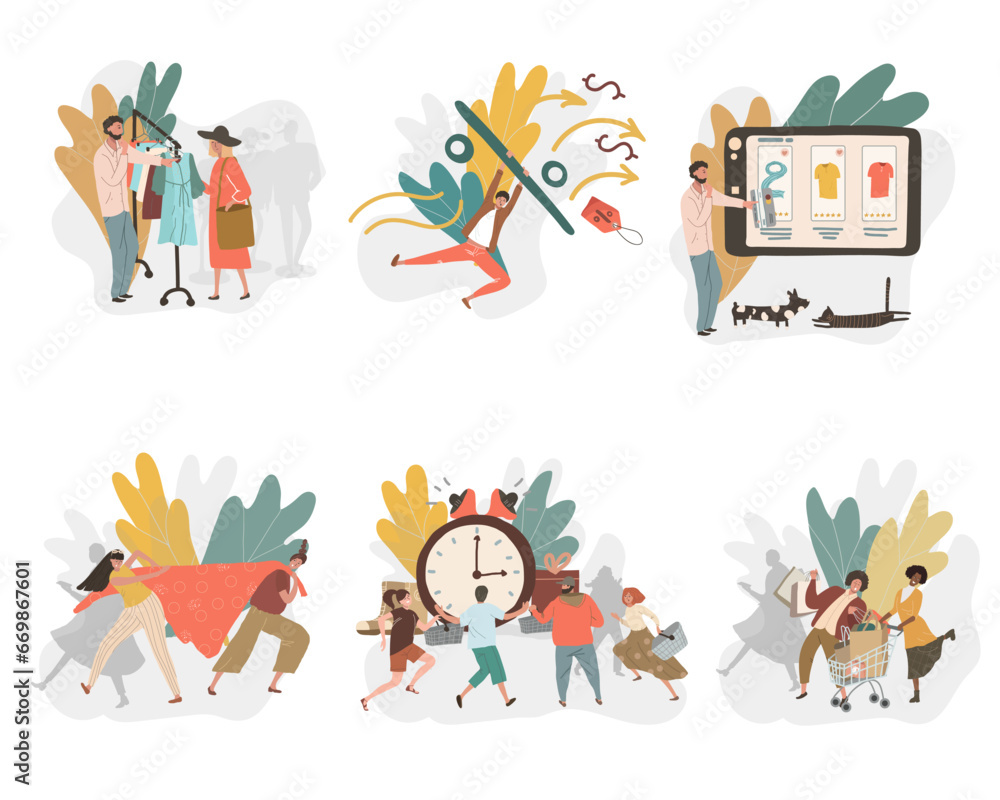 Fototapeta premium Scenes of people buying clothes in a fashion store or boutique. Women and men try on and choose clothes in a store. Color graphic flat vector illustration isolated on white background.