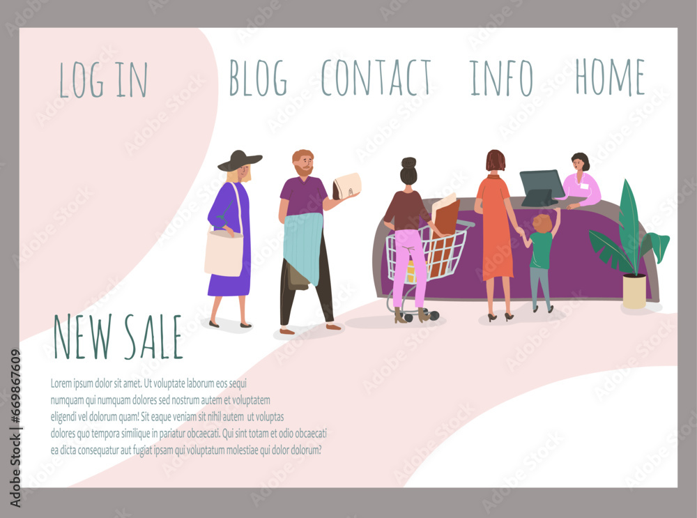 Concept landing page horizontal banner, shopping people, crazy discounts, flat vector illustration