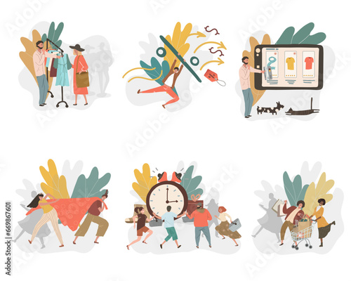 Scenes of people buying clothes in a fashion store or boutique. Women and men try on and choose clothes in a store. Color graphic flat vector illustration isolated on white background. © Natalia