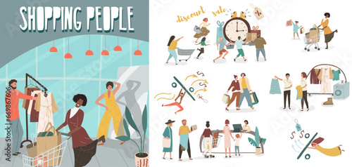 Scenes of people buying clothes in a fashion store or boutique. Women and men try on and choose clothes in a store. Color graphic flat vector illustration isolated on white background.
