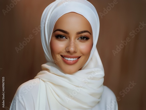 Portrait of beautiful muslim woman with white hi jab smiling at camera © DigitalMuseCreations
