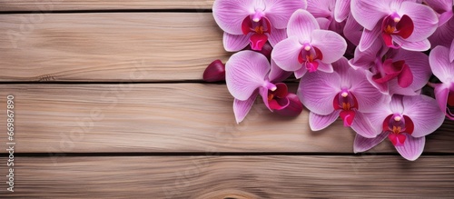 Wooden background with an orchid on a heart shaped plate