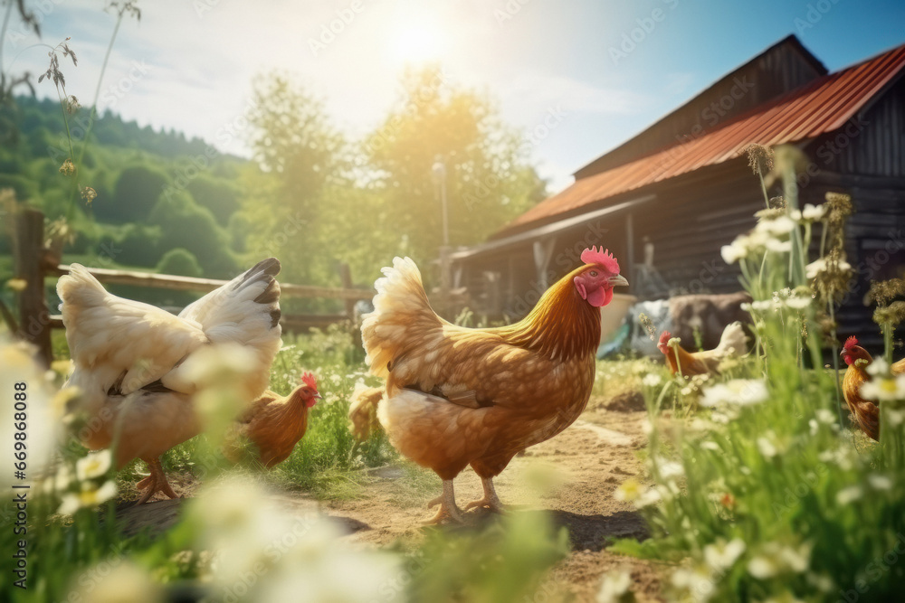 Fototapeta premium chickens and hens in green grass.