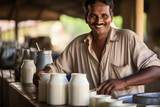 indian man working at his dairy farm.