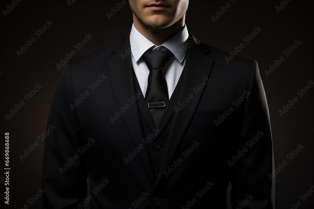 A businessman manager is wearing black formal suit uniform with necktie is standing on dark background. A businessman manager is wearing black formal suit uniform with necktie is standing on dark background.