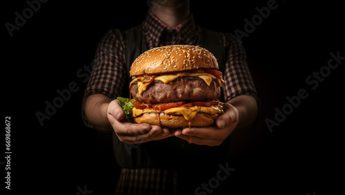 Close-up at person hand is holding and serving a big piece of beef cheese hamburger.. Unhealthy eating and food object.  photo