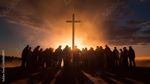 Group of people holding a large Christian cross
