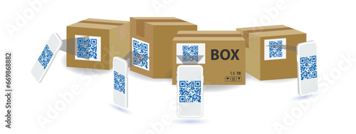Modern smartphone scans QR code on a cardboard box for detail of merchandise. Barcode and QR code scanner scanning code for delivery. Vector illustration.