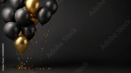 Sparkling black and gold balloons on dark gray background with copy space © Ameer