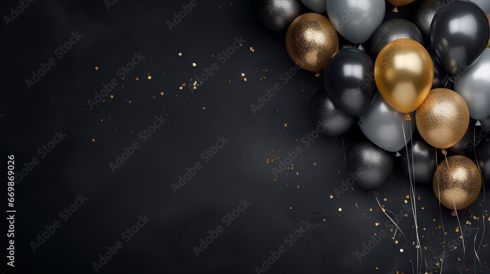 Sparkling black and gold balloons on dark gray background with copy space Sparkling black and gold balloons on dark gray background with copy space