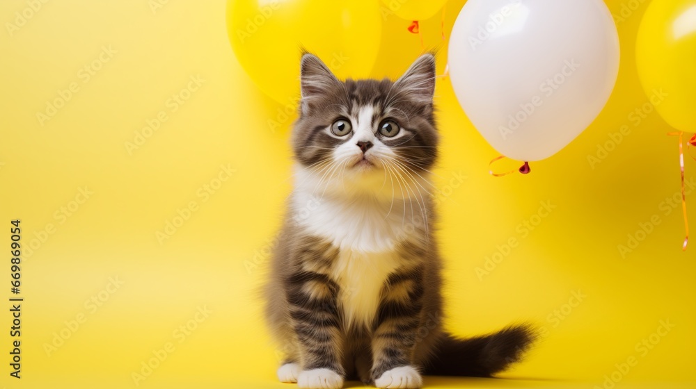 A cute cat wearing a party hat on a yellow background, happy birthday greeting card