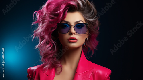 Neon Portrait. Blonde girl with glasses looking to light.