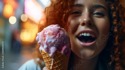 closeup fashion portrait of young hipster crazy girl eating ice cream