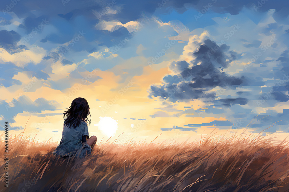 Girl sitting at the meadow at sunset, calm and peaceful scenery Girl sitting at the meadow at sunset, calm and peaceful scenery