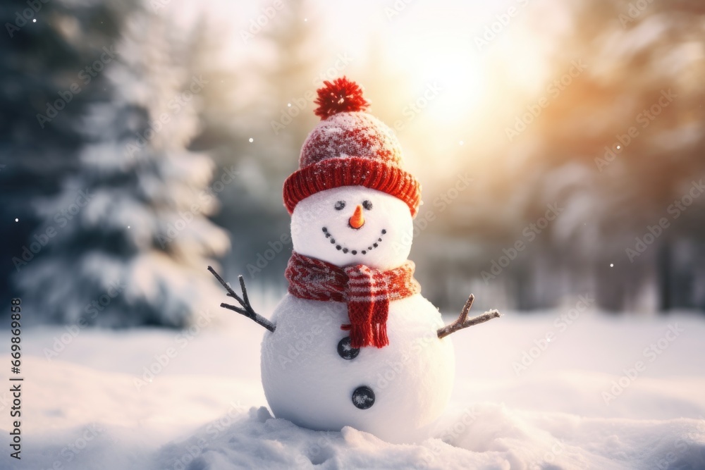 snowman portrait on snowy background .Generative AI