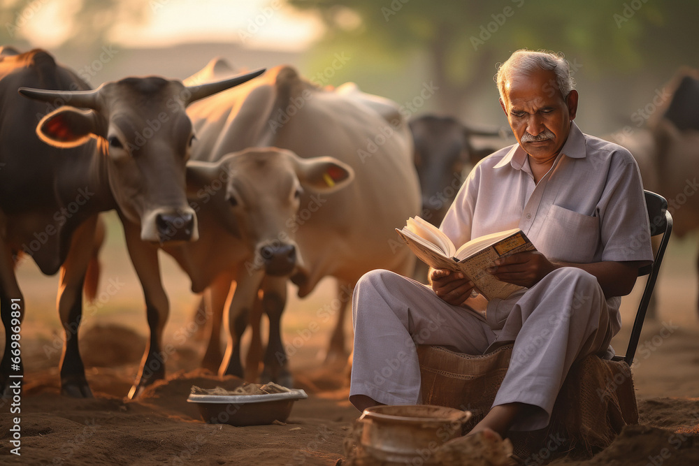 Indian man reading book on his dairy farm