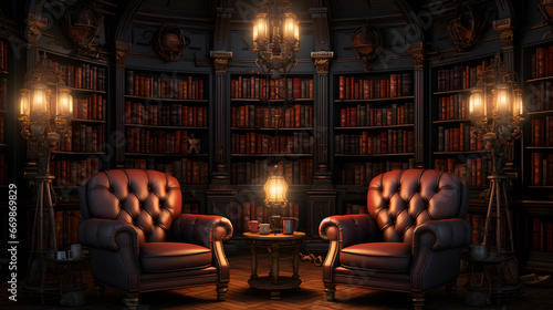 A library interior with high ceilings and grand architecture. vintage. Classical library room with old books on shelves. Bookshelves in the library. Large bookcase with lots of books.   © Planetz