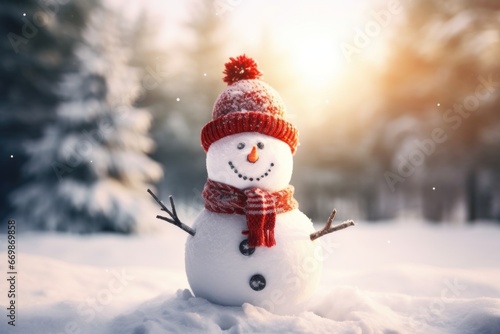 snowman portrait on snowy background .Generative AI © Phichitpon